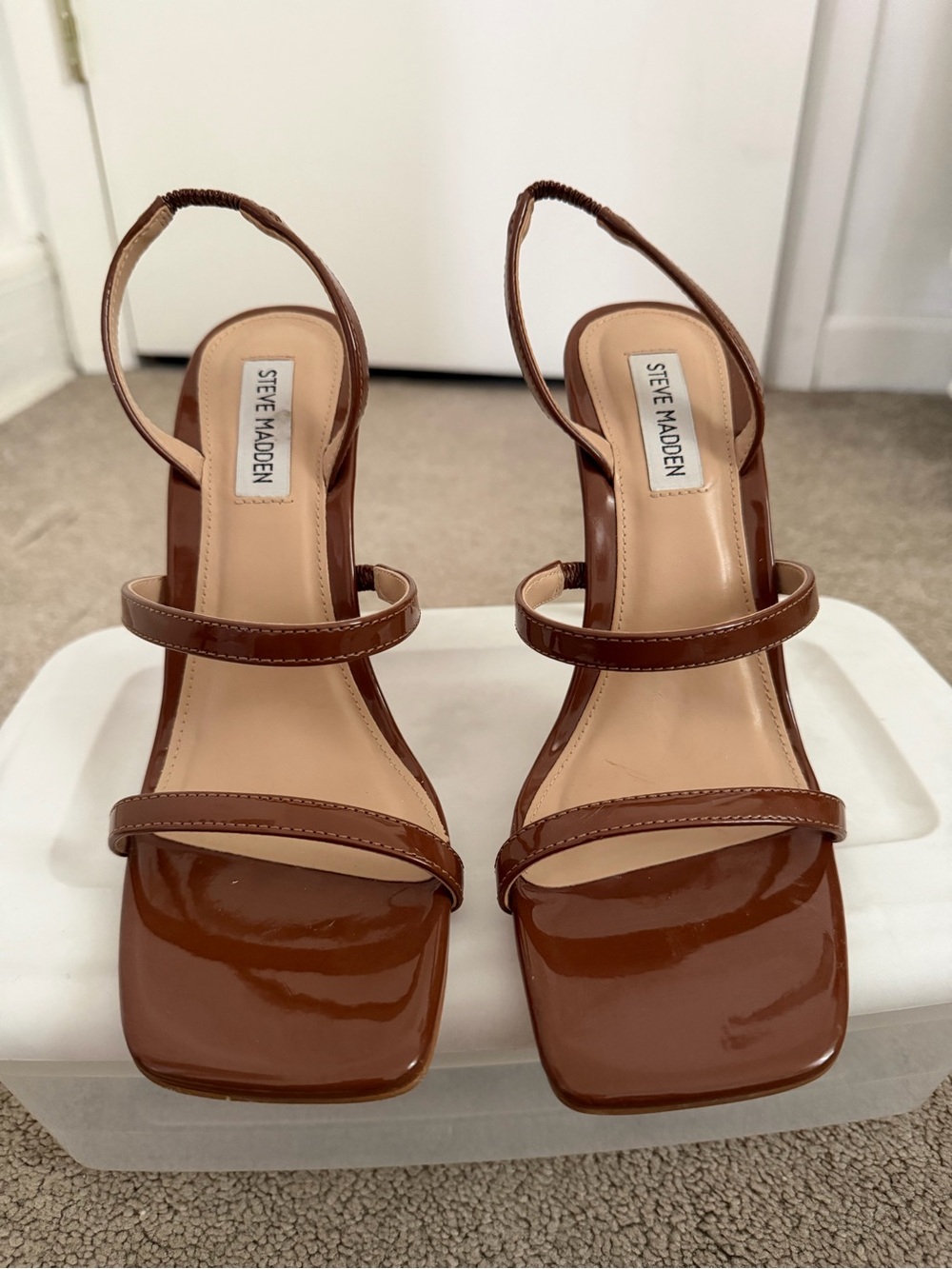 Steve Madden Brown Patent Square-Toe Double-Strap Heels Sandals